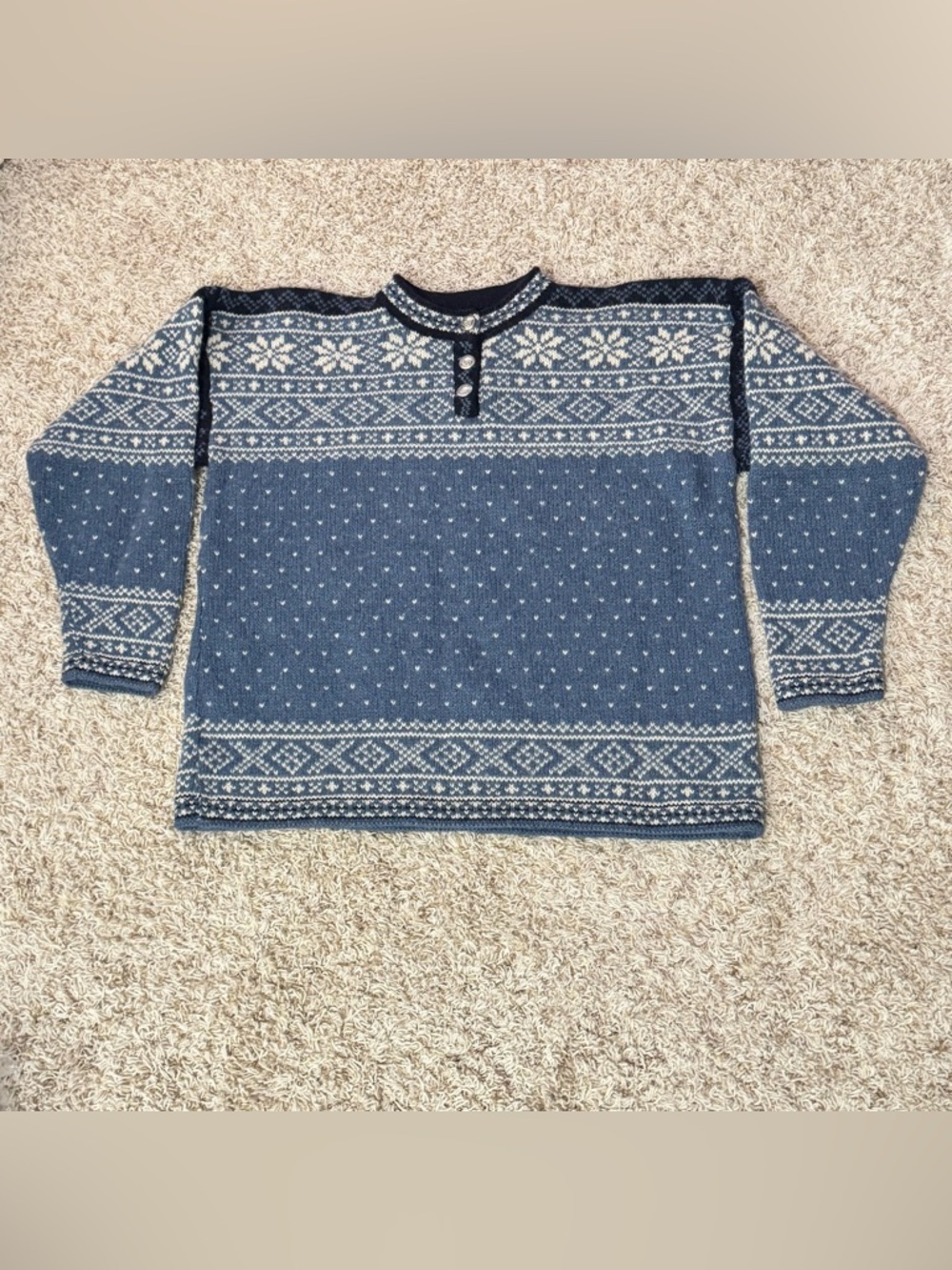Vintage L.L.Bean Blue Nordic Fair Isle Wool Henley Crewneck Sweater